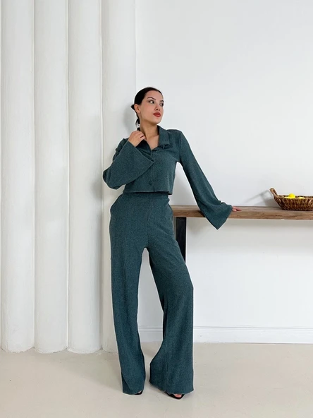 Gömlek yaka kaplama düğmeli takım petrol yeşili - Resim 15