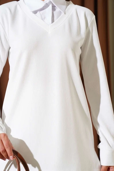 Gömlek Yaka Fitilli Salaş İkili Takım beyaz - Resim 2