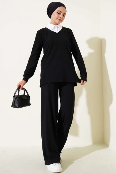 Gömlek Yaka Fitilli Salaş İkili Takım siyah ürün görseli 1