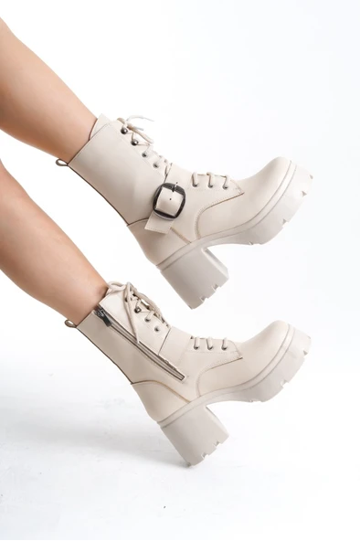 Linma Bej Cilt Bağcıklı Topuklu Bot - Resim 4