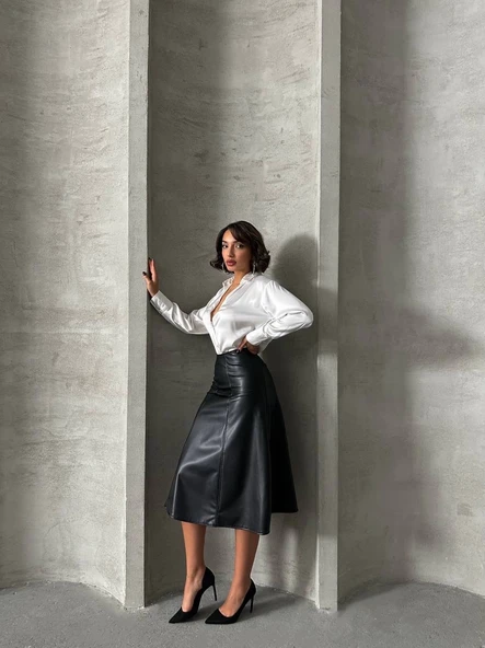 Komple parçalı deri etek siyah h26441 - Resim 16