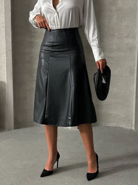 Komple parçalı deri etek siyah h26441 - Resim 18