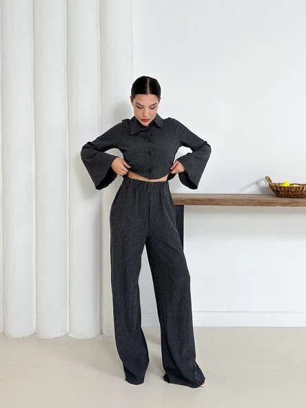 Gömlek yaka kaplama düğmeli takım antrasit - Resim 16