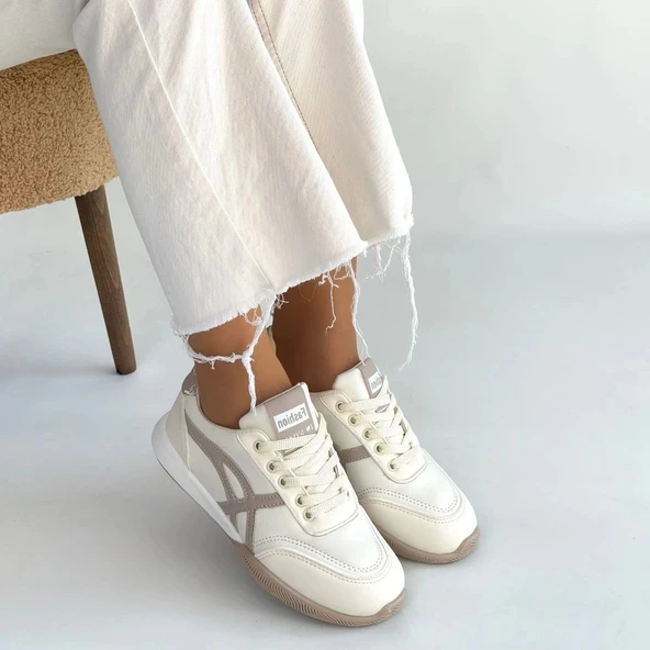 Zlay Bej Cilt Vizon Detaylı Bağcıklı Spor Ayakkabı - Resim 8