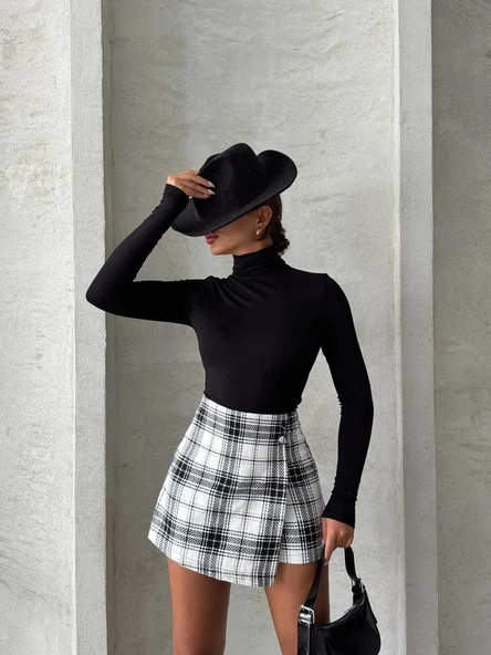 İki düğmeli şort ch kumaş etek ekoseli siyahbeyaz h26414 - Resim 7