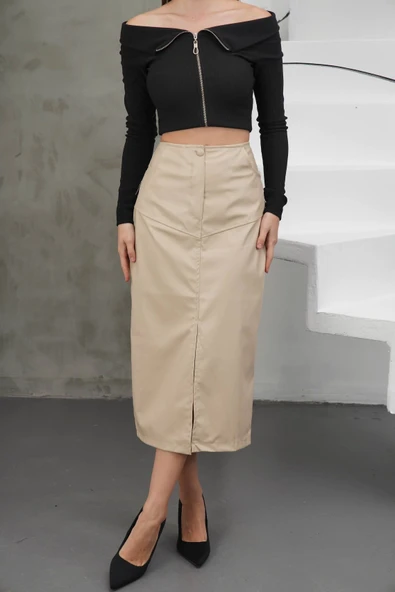 Yırtmaçlı uzun deri etek bej ürün görseli 1