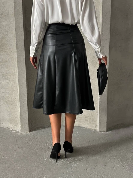 Komple parçalı deri etek siyah h26441 - Resim 19