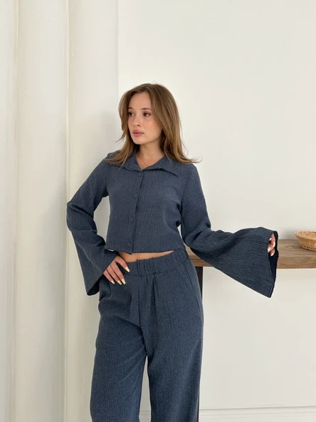 Gömlek yaka kaplama düğmeli takım lacivert - Resim 8