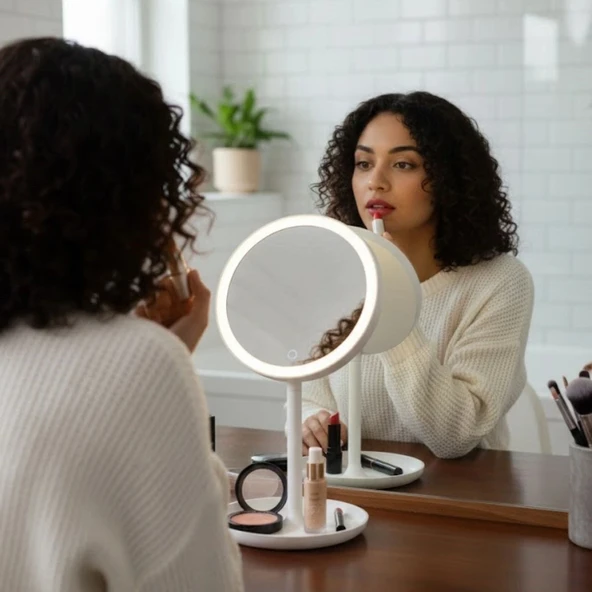 Durukar® LED Işıklı Yuvarlak Makyaj Aynası – Dokunmatik Ayarlanabilir Işık Tonlu, 360° Döner Masaüstü Profesyonel Makyaj - Resim 4