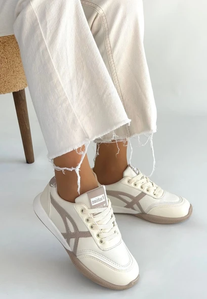 Zlay Bej Cilt Vizon Detaylı Bağcıklı Spor Ayakkabı - Resim 9