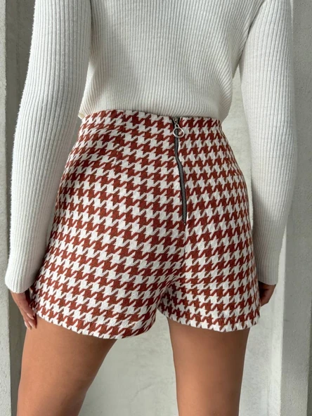 İki düğmeli kaz ayağı desen ch kumaş şort etek bordobeyaz h26414 - Resim 12