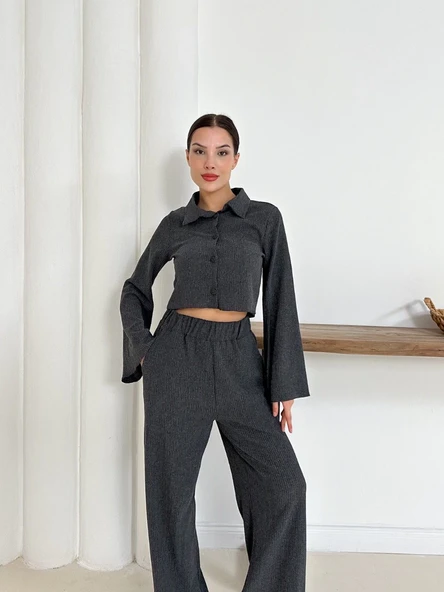 Gömlek yaka kaplama düğmeli takım antrasit - Resim 19