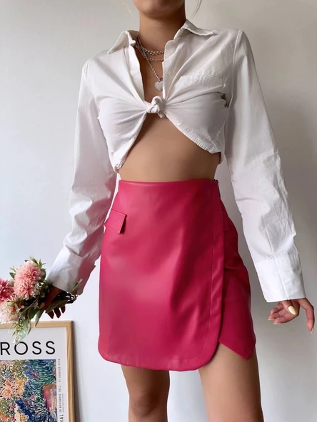 Cep detaylı oval kapaklı deri etek fuşya h240048 - Resim 14