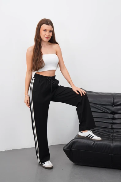 Yandan çift şeritli pantolon siyah - Resim 5