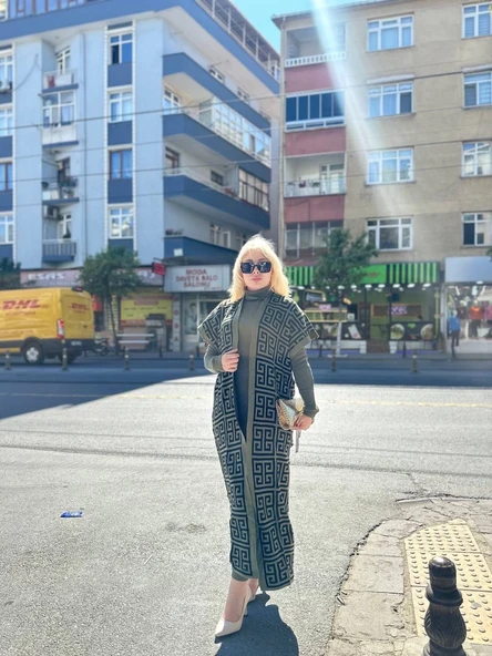 Siyah çizgi desenli elbiseli hırka triko takım haki - Resim 6