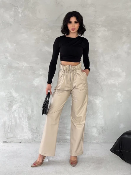 Kendinden ince kemerli deri pantolon bej ürün görseli 1