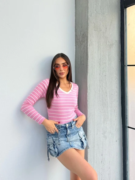 V yaka çizgili bluz pembe - Resim 4
