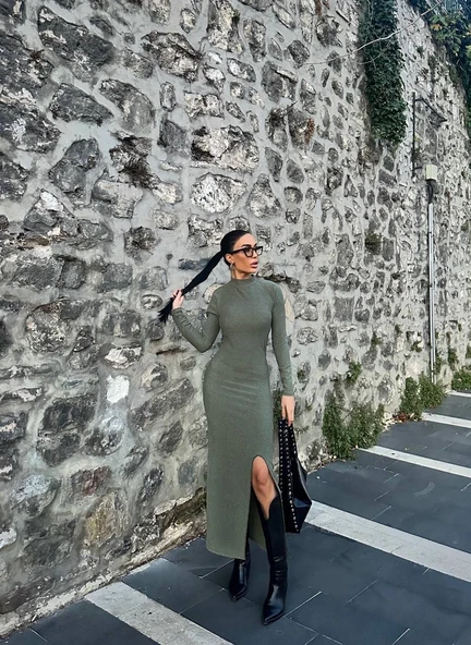 Yırtmaçlı kalın bürümcük uzun elbise Yeşil ürün görseli 1