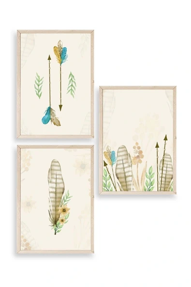 Çiçekli Desenler Üçlü Ahşap Çerçeveli Tablo 30 x 42 ürün görseli 1