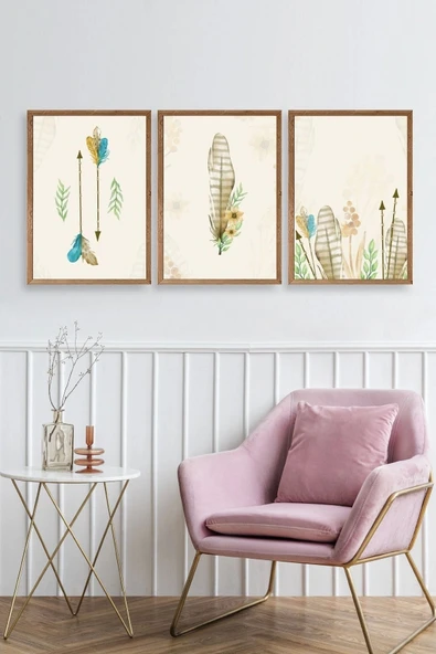 Çiçekli Desenler Üçlü Ahşap Çerçeveli Tablo 30 x 42 - Resim 2