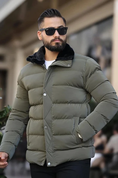 Erkek Parlak Kışlık Şişme Mont Astarlı Haki ürün görseli 1