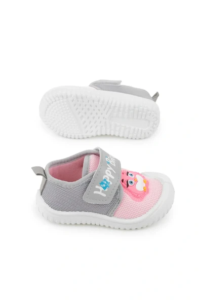 Gezer Yazlık Kız Çocuk Keten Happy Bird Cırt Cırtlı Ayarlanabilir Ayakkabı Gri Pembe - Resim 2
