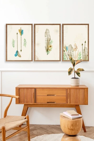 Çiçekli Desenler Üçlü Ahşap Çerçeveli Tablo 30 x 42 - Resim 3