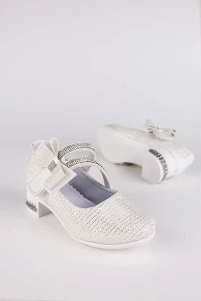 Kız Çocuk Ayakkabı Abiye Papyonlu Babet Taşlı Simli Beyaz ürün görseli 1
