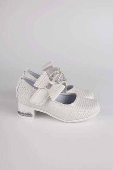 Kız Çocuk Ayakkabı Abiye Papyonlu Babet Taşlı Simli Beyaz - Resim 3