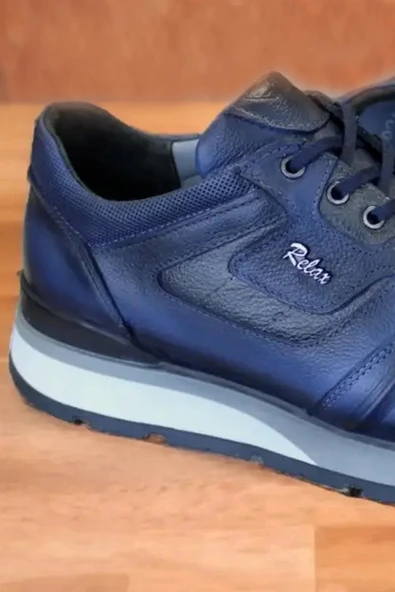 Hakiki Deri Ayakkabı 1. Sınıf Kalite İç Dış Deri Erkek Sneaker Ayakkabı Termo Lacivert - Resim 3