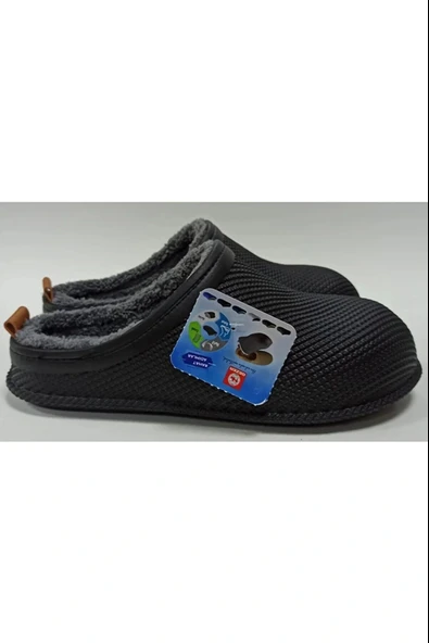 Gezer Kışlık Islak Zemin Erkek Terlik Önü Kapalı Tüylü Siyah - Resim 2