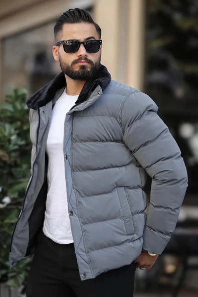 Erkek Parlak Kışlık Şişme Mont Astarlı Füme - Resim 3