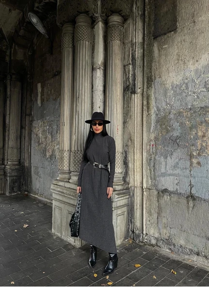 Boğazlı kalın bürümcük uzun elbise siyah - Resim 5