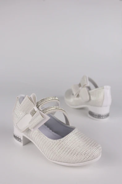 Kız Çocuk Ayakkabı Abiye Papyonlu Babet Taşlı Simli Beyaz - Resim 2