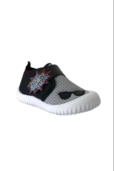 Gezer Yazlık Keten Erkek Çocuk Ayarlanabilir Ayakkabı Siyah Gri ürün görseli 1