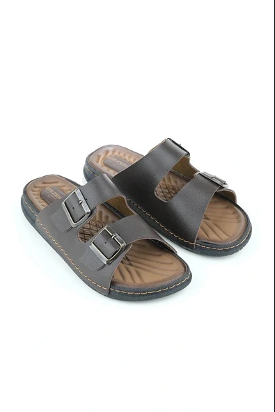 Gezer Çift Tokalı Erkek Masaj Tabanlı Anatomik Terlik Kahverengi - Resim 3