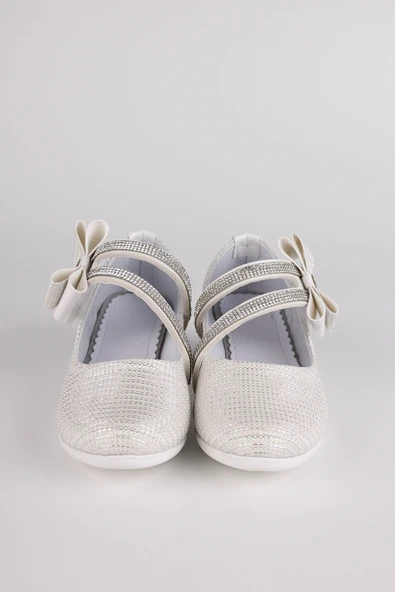 Kız Çocuk Ayakkabı Abiye Papyonlu Babet Taşlı Simli Beyaz - Resim 4