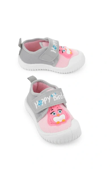 Gezer Yazlık Kız Çocuk Keten Happy Bird Cırt Cırtlı Ayarlanabilir Ayakkabı Gri Pembe ürün görseli 1