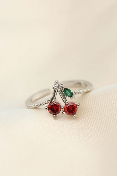 Ayarlamalı Gümüş Renk Kristal Taşlı Kiraz Yüzük ürün görseli 1