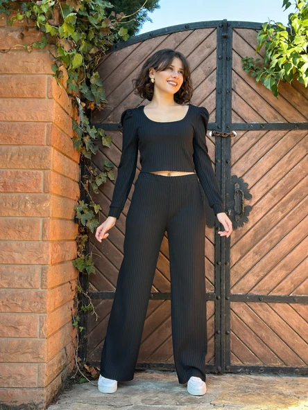 Fitilli prenses kol alt üst takım siyah ürün görseli 1