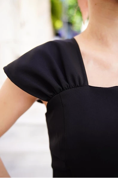 U yaka prenses elbise siyah s255101 - Resim 6