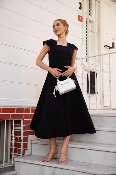 U yaka prenses elbise siyah s255101 - Resim 3