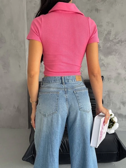 kaşkorse yaka fermuarlı bluz fuşya - Resim 2