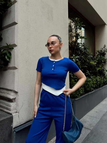 Düğme yakalı saks alt üst takım s3943 - Resim 7