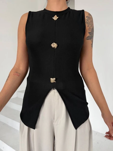 Kadın siyah bisiklet yaka gold düğmeli ottoman bluz - Resim 5