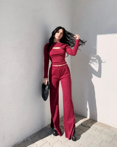 Pencereli detaylı alt üst takım bordo - Resim 5