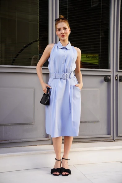 Gömlek yaka kemerli elbise mavi s255061 - Resim 2