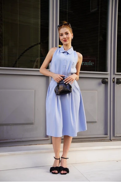 Gömlek yaka kemerli elbise mavi s255061 - Resim 4