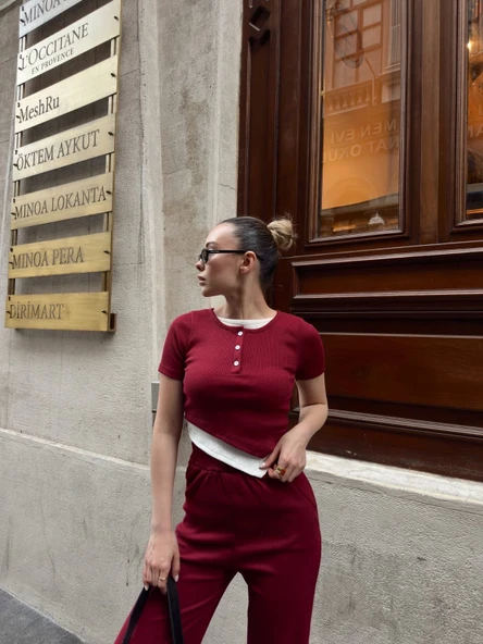 Düğme yakalı bordo alt üst takım s3943 - Resim 4