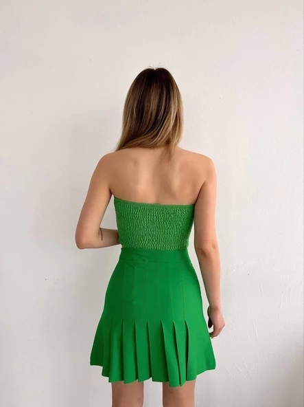 Pileli düğmeli etek açık yeşil s24811 - Resim 2